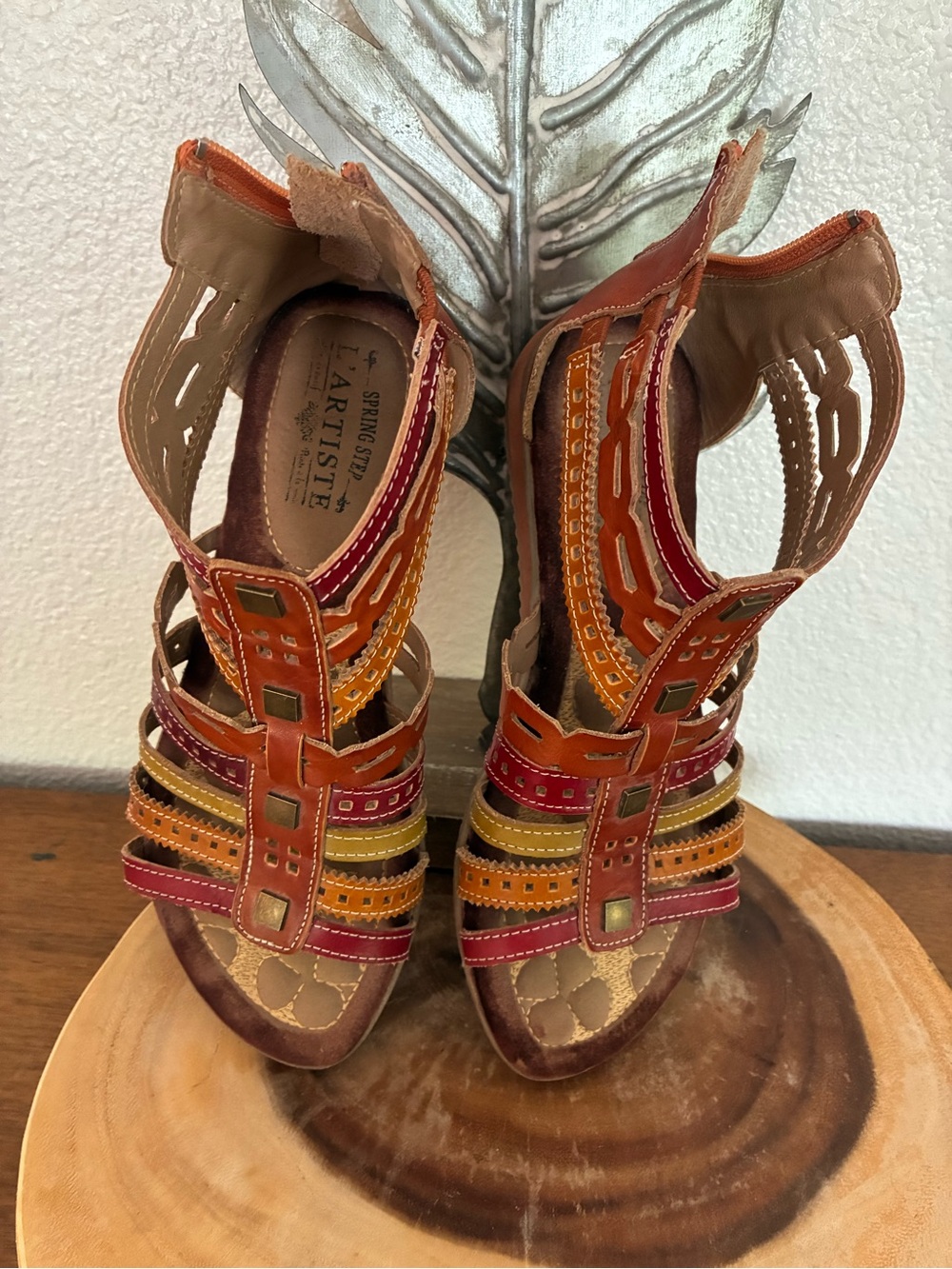 L'ATISTE Red Orange Yellow Strappy Leather Heels
